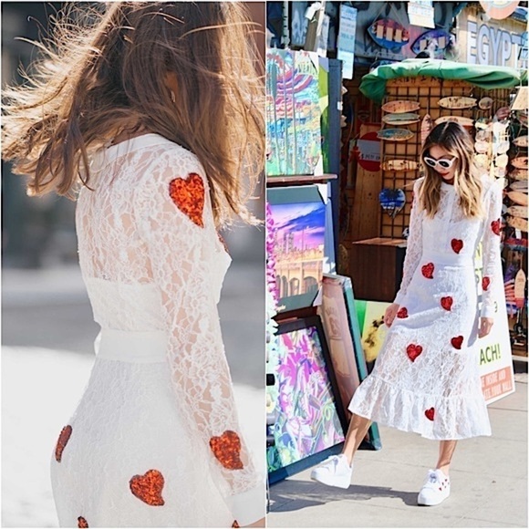 NWT FOR LOVE & LEMONS x JAMIE KING White Lace Red Sequin Hearts Midi Dress Sz S - Picture 11 of 14